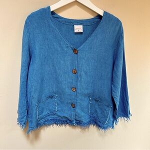 Click-By Color Me Cotton ~ Blue Linen Frayed Button Front Jacket in size Small